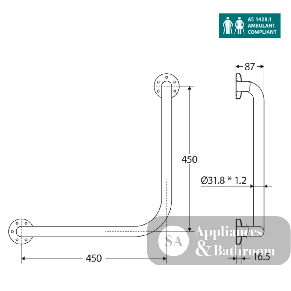 Fienza Care GRAB4545 Ambulant 90° Degrees 450x450mm Stainless Steel Grab Rail - Grab Rail
