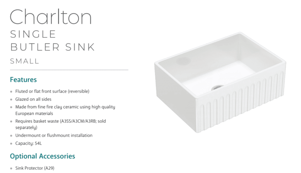 Fienza Winston 68700 Single Butler Sink Small White 675X475X250Mm - Special Order Kitchen Sinks