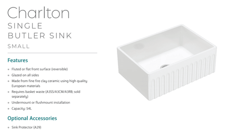 Fienza Winston 68700 Single Butler Sink Small White 675X475X250Mm - Special Order Kitchen Sinks