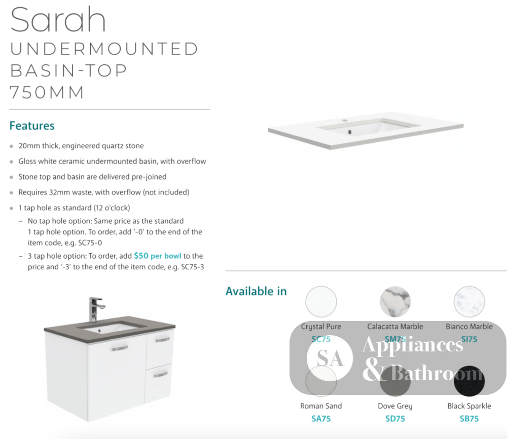 Fienza Crystal Pure 750Mm Sc75Zl Undermount Stone Top Wall Hung Vanity Unit Fingerpull Left Drawers