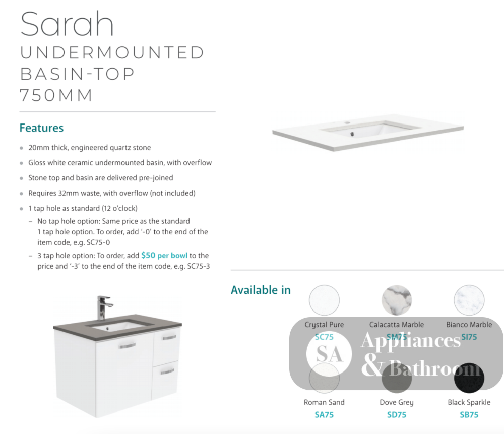 Fienza Crystal Pure Sc75Fl 750Mm Undermount Stone Top Fingerpull Wall Hung Vanity Unit Left Drawers