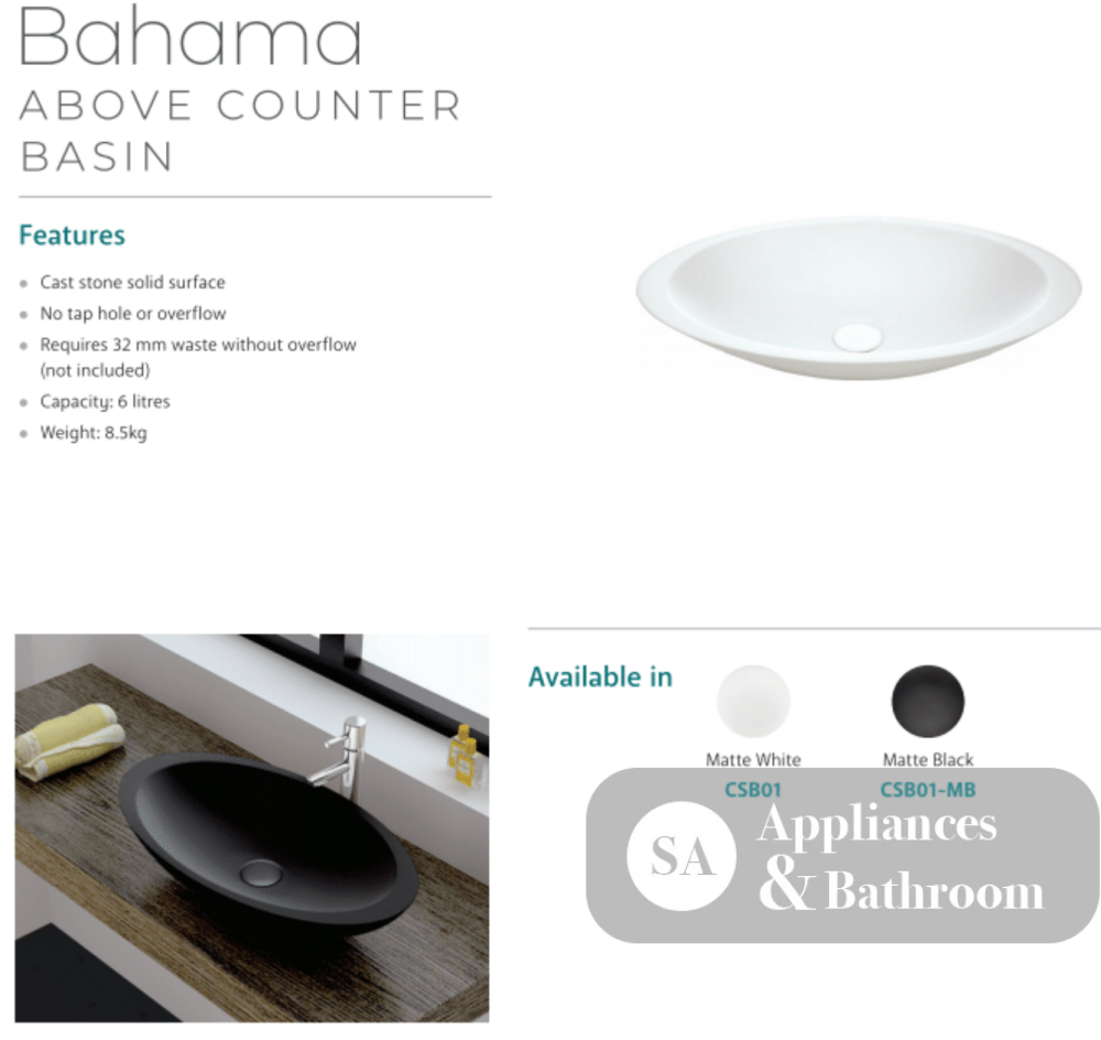 Fienza CSB01 Bahama Above Counter Solid Surface Basin Matte White - Basins