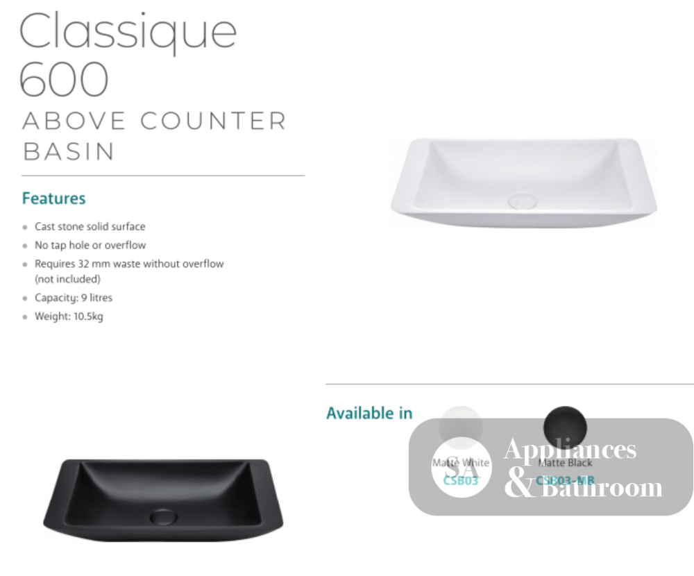 Fienza CSB03-MB Classique 600mm Above Counter Solid Surface Basin Matte Black - Basins