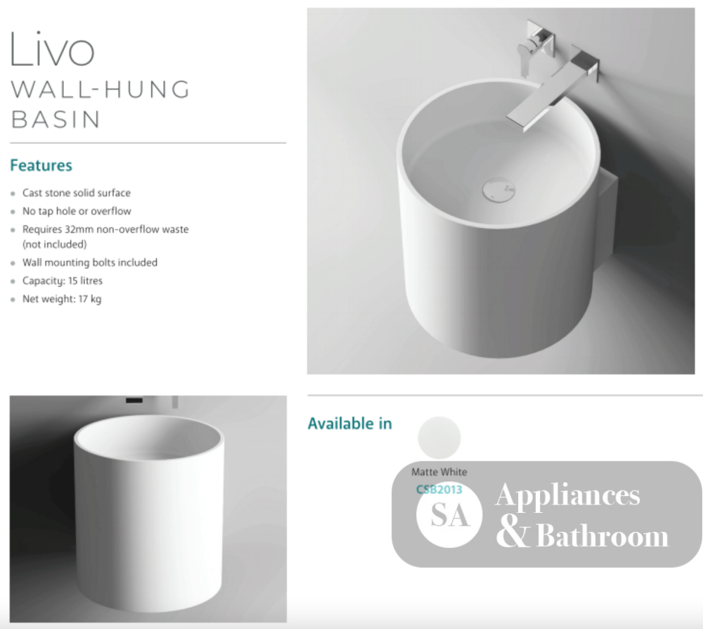 Fienza CSB2013 Livo Solid Surface Wall Hung Basin Matte White - Basins