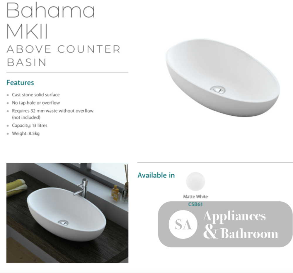 Fienza CSB61 Bahama MK11 Above Counter Solid Surface Basin Matte White - Basins
