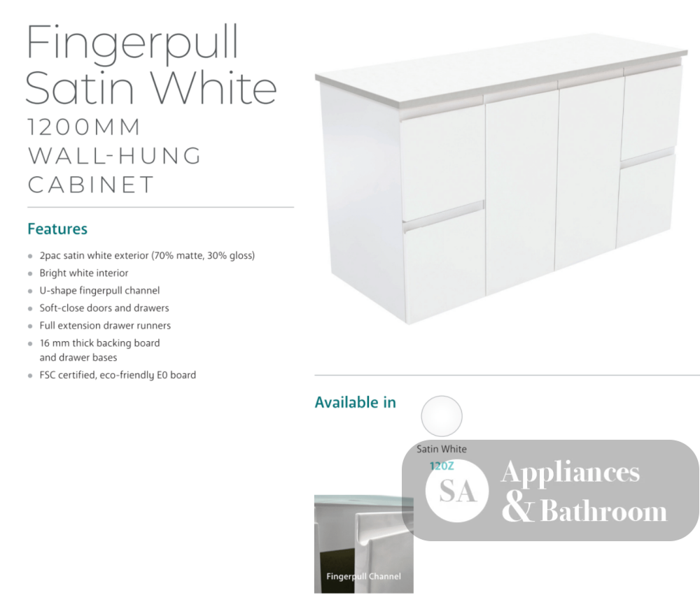 Fienza Dolce 1200Mm Tcl120Z Fingerpull Wall Hung Vanity Satin White - Special Order Units