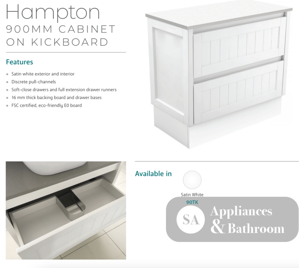 Fienza Dolce 900Mm Tcl90Tk Hampton White Vanity Unit On Kickboard - Special Order Units