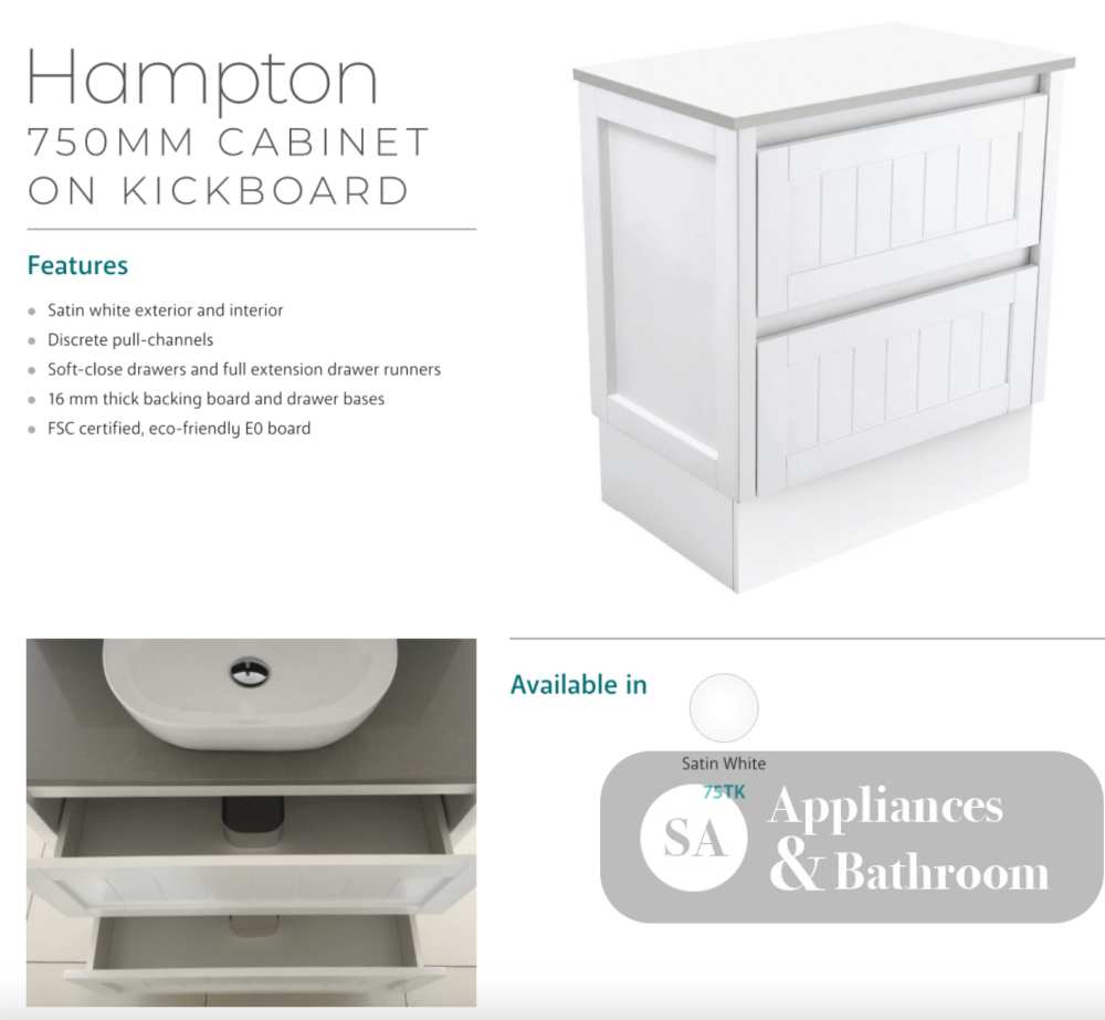 Fienza Dolce Hampton 750Mm Tcl75Tk White Vanity Unit On Kickboard - Special Order Units