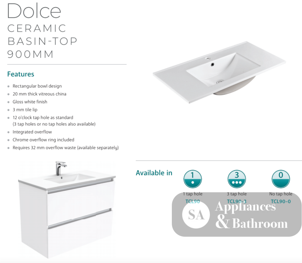 Fienza Dolce Hampton Tcl90T 900Mm White Wall Hung Vanity Unit - Special Order Units