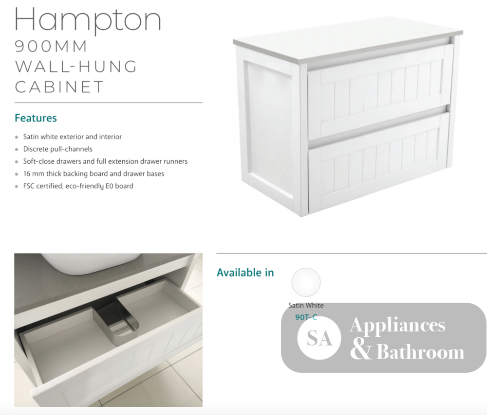 Fienza Dolce Hampton Tcl90T 900Mm White Wall Hung Vanity Unit - Special Order Units