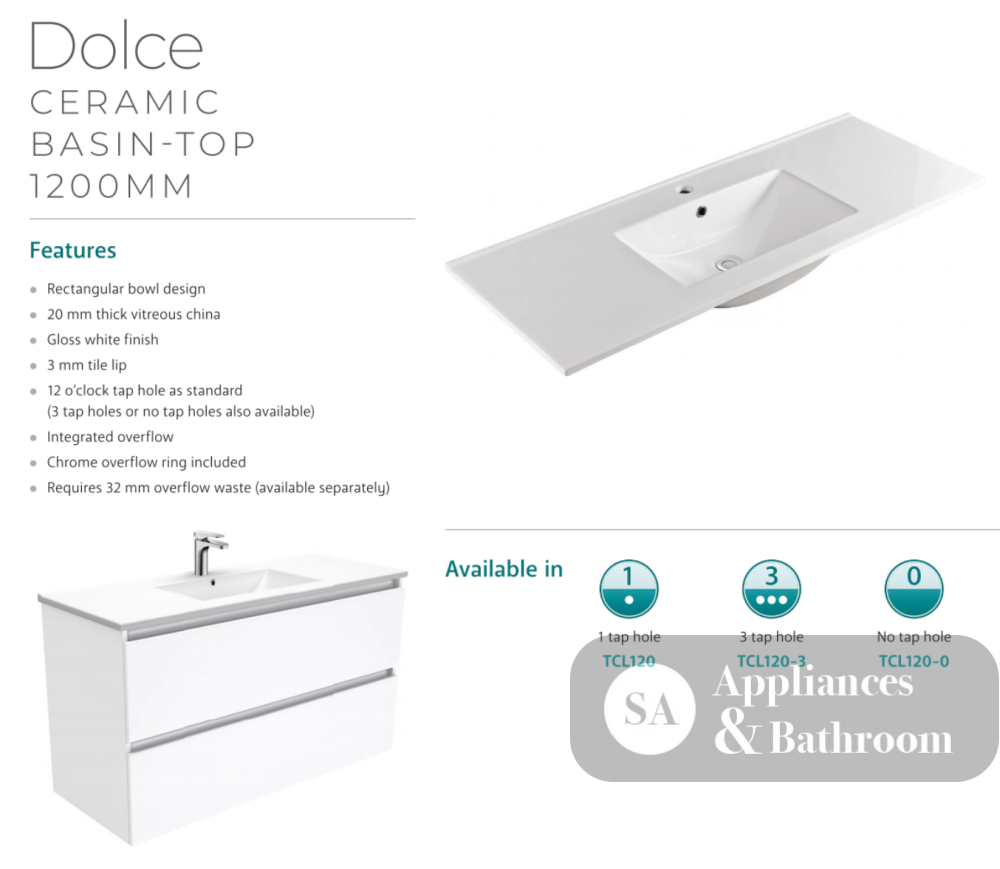 Fienza Dolce Tcl120C 1200Mm Fingerpull Vanity On Kickboard White - Special Order Units