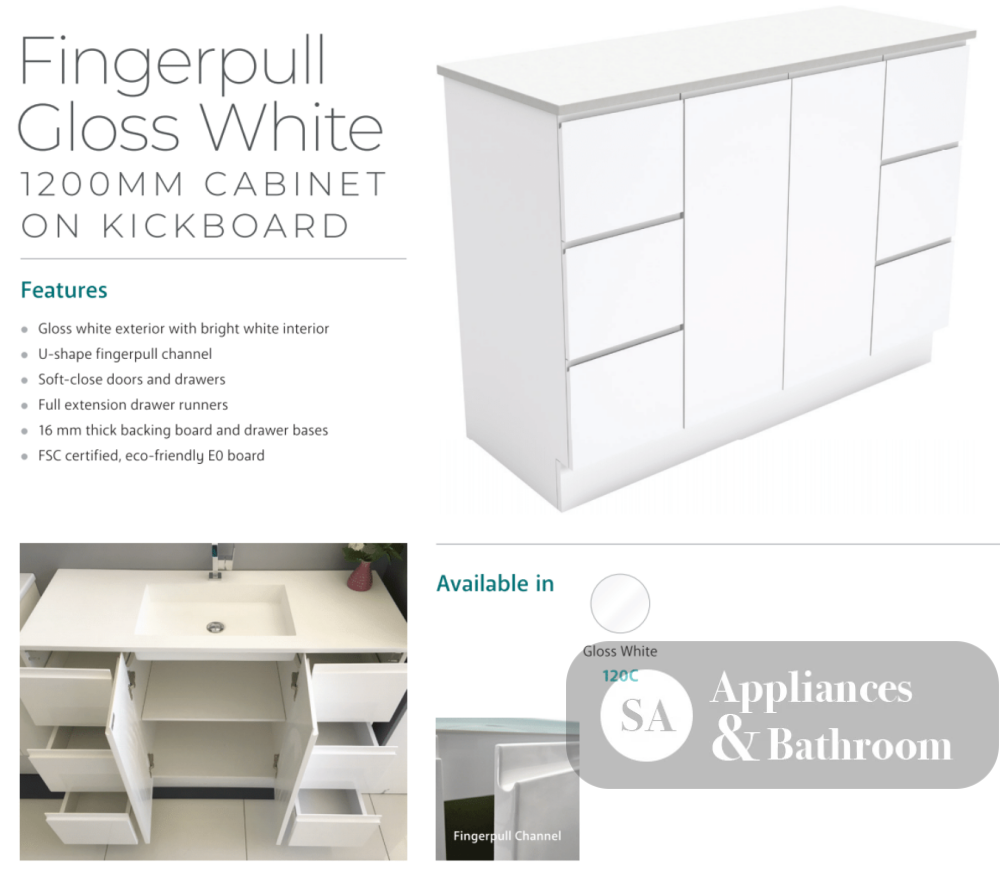 Fienza Dolce Tcl120C 1200Mm Fingerpull Vanity On Kickboard White - Special Order Units