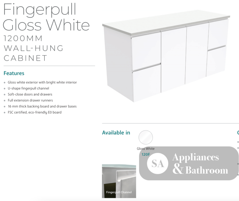 Fienza Dolce Tcl120F 1200Mm Fingerpull Wall Hung Vanity White - Special Order Units