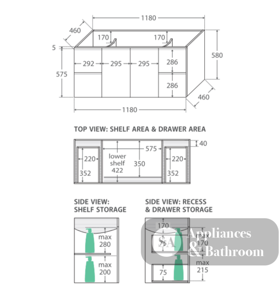 Fienza Dolce Tcl120F 1200Mm Fingerpull Wall Hung Vanity White - Special Order Units