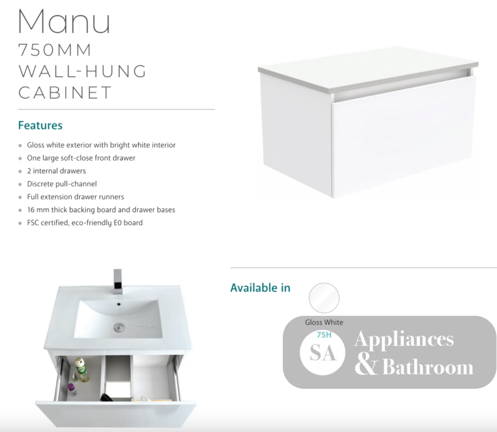 Fienza Dolce Tcl75H Manu 750Mm White Wall Hung Vanity Unit - Special Order Units