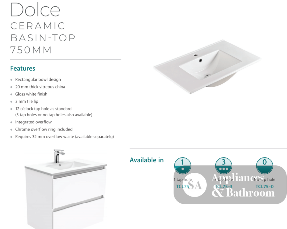 Fienza Dolce Tcl75Zkr Fingerpull Matte White 750Mm Vanity With Kickboard Right Drawers - Special