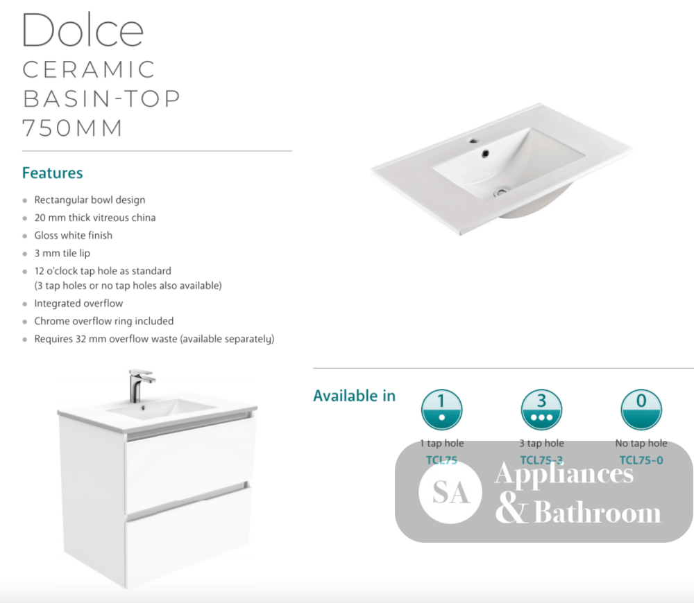 Fienza Dolce Tcl75Zl 750Mm Fingerpull Wall Hung Vanity Matte White With Left Drawers - Special Order