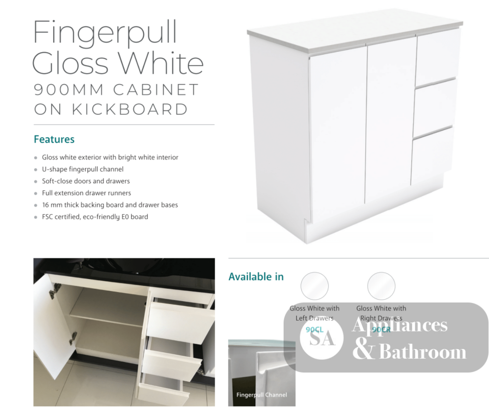 Fienza Dolce Tcl90Cr 900Mm Fingerpull White Vanity With Kickboard Right Drawers - Special Order