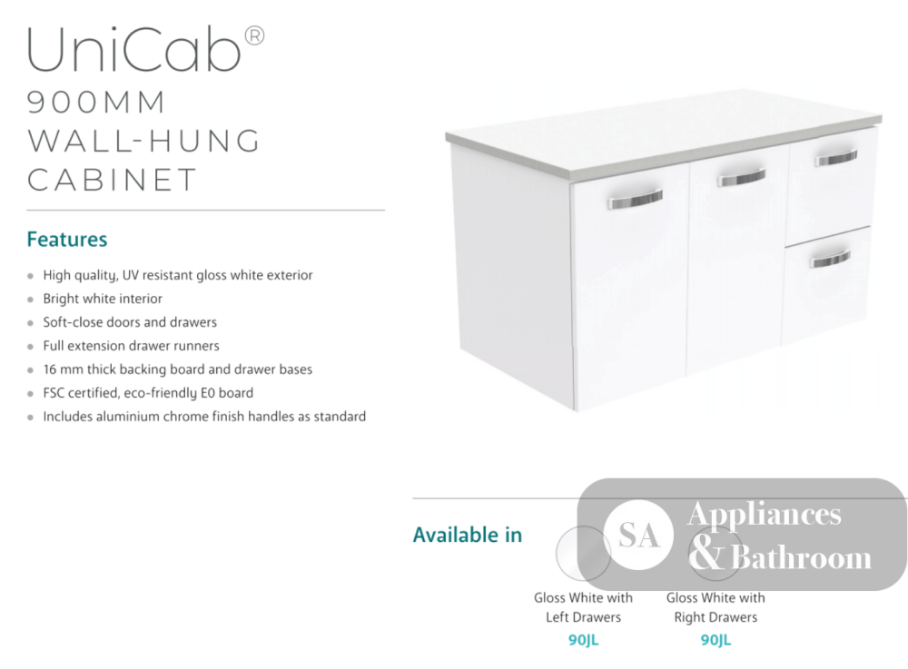 Fienza Dolce Tcl90Jl 900Mm Ceramic Wall Hung White Vanity With Handles One Tap Hole Left Hand