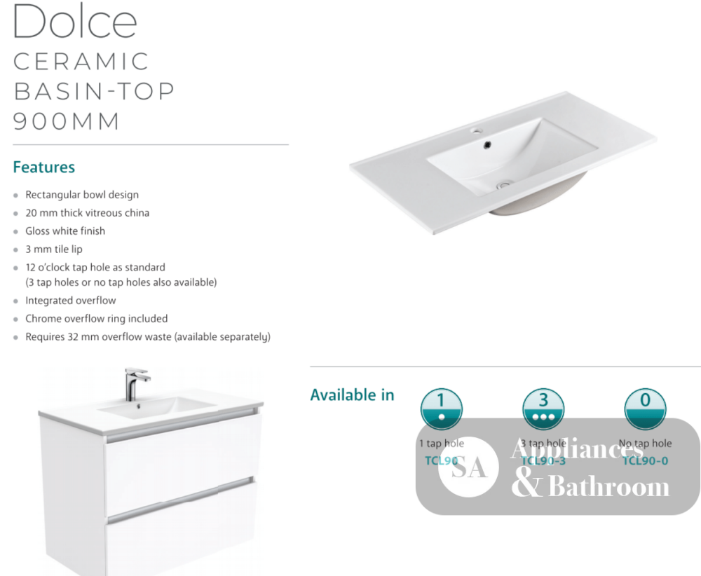 Fienza Dolce Tcl90Nkwr 900Mm White Vanity With Kicker Right Hand Drawer - Special Order Units