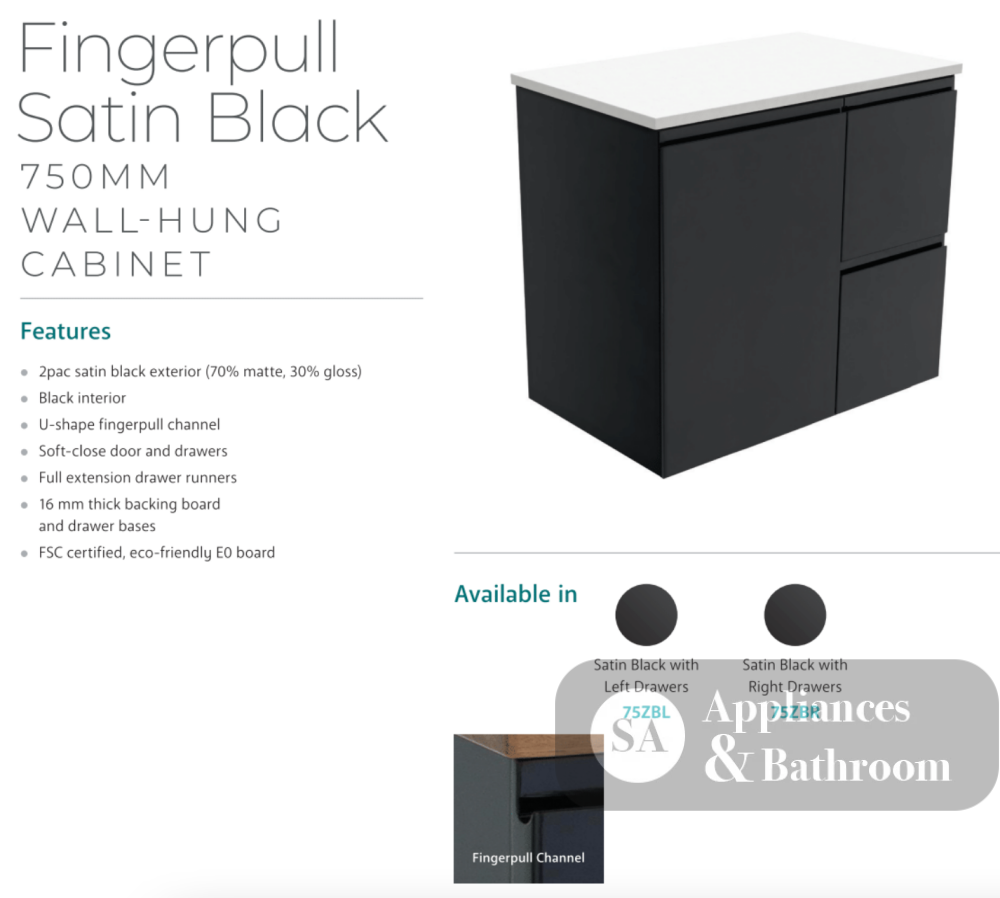 Fienza Dolce Tclb75Zbl 750Mm Matte Black Satin Wall Hung Vanity Left Drawers - Special Order Units