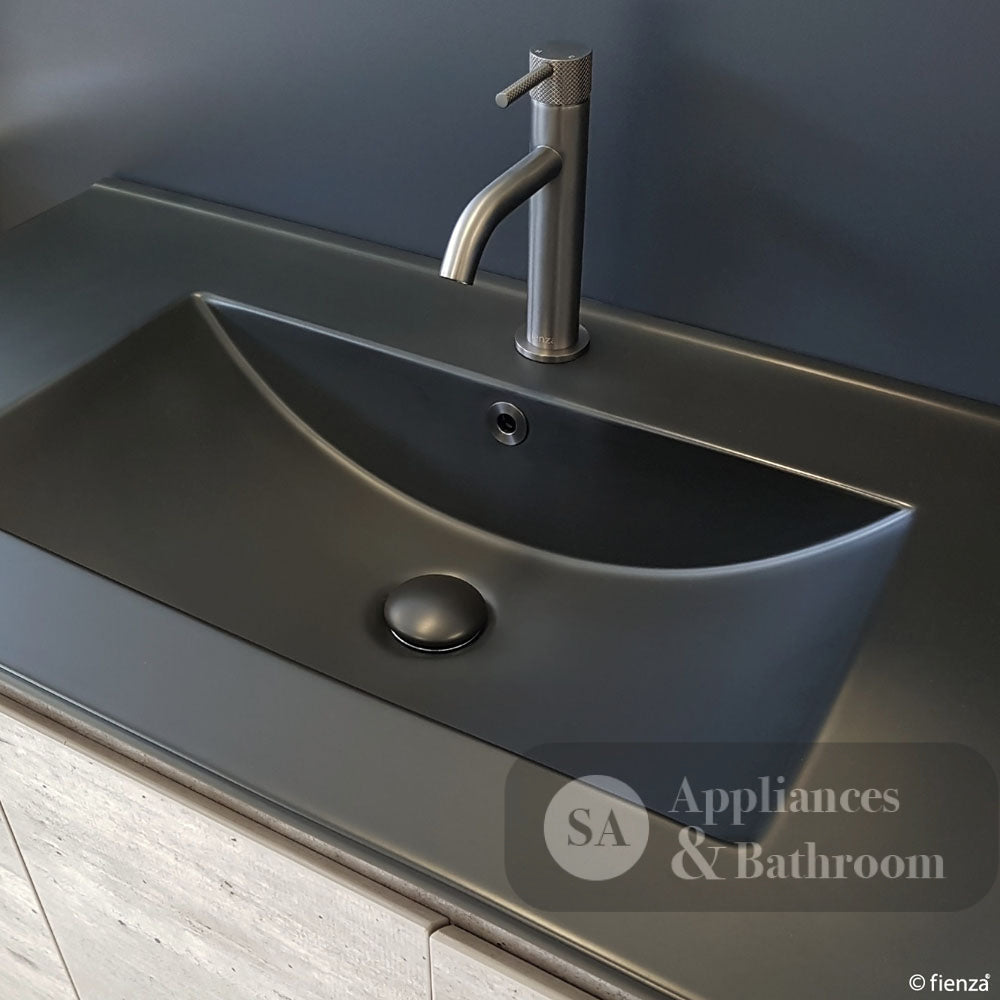 Fienza Dolce Tclb75Zr 750Mm Matte Black Fingerpull Satin White Wall Hung Vanity Right Drawers -
