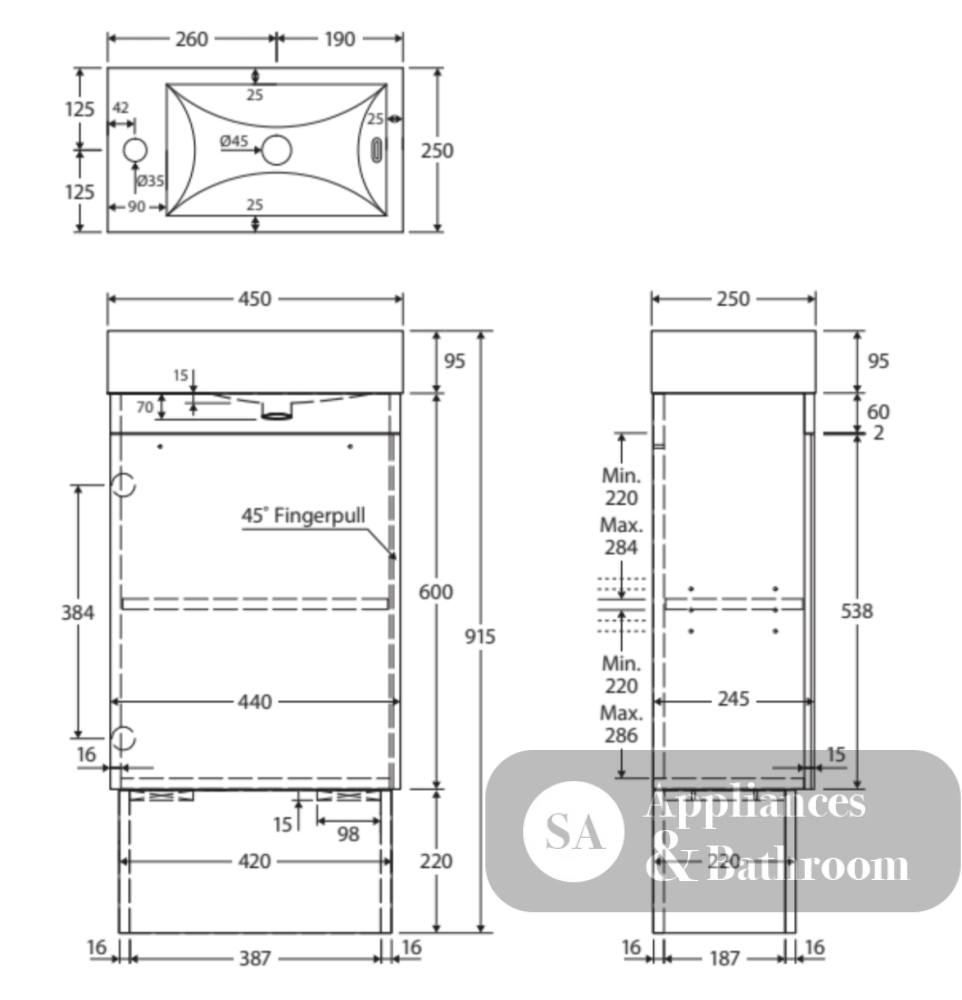 Fienza Edge 45Rsk-Of Scandi Oak 450Mm Vanity With Kickboard Overflow - Special Order Units