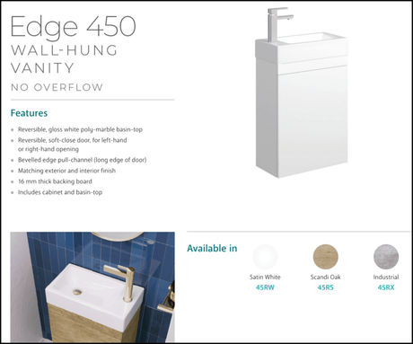 Fienza Edge 45Rx Industrial Wall Hung 450Mm Vanity No Overflow - Special Order Units