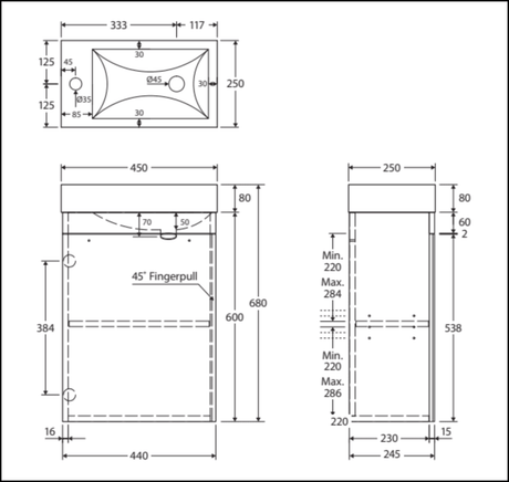 Fienza Edge 45Rx0-Of Industrial Wall Hung 450Mm Vanity With Overflow - Special Order Units