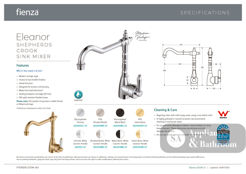 Fienza Eleanor 202105-LF Shepherds Crook Chrome Sink Mixer with White Ceramic Handle - Kitchen Mixer Taps