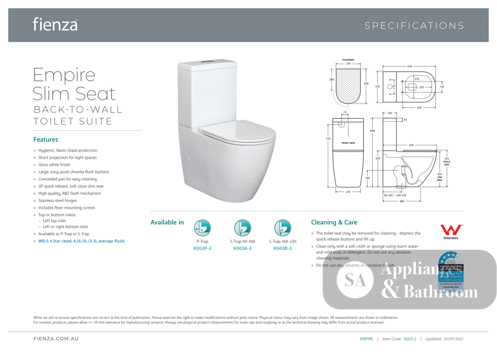 Fienza Empire Back-to-Wall Suite - Slim Seat - Back to Wall Suites