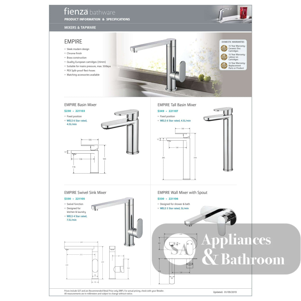 Fienza Empire Tall Basin Mixer Chrome 221107 - Basin Mixers