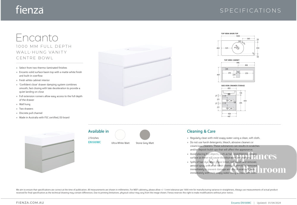Fienza EN100WC Australian Made Encanto 1000 Wall Hung Vanity Ultra White Matt - Vanity Units