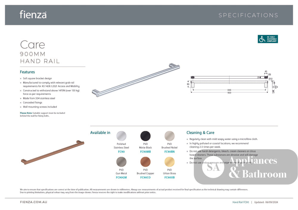 Fienza FC90UB Care Slimline Hand Grab Rail 900mm Urban Brass - Grab Rail