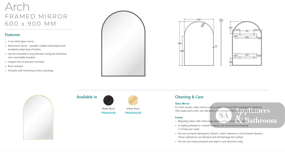 Fienza FMA6090UB Arch Urban Brass Framed Mirror 600 x 900mm - Mirrors
