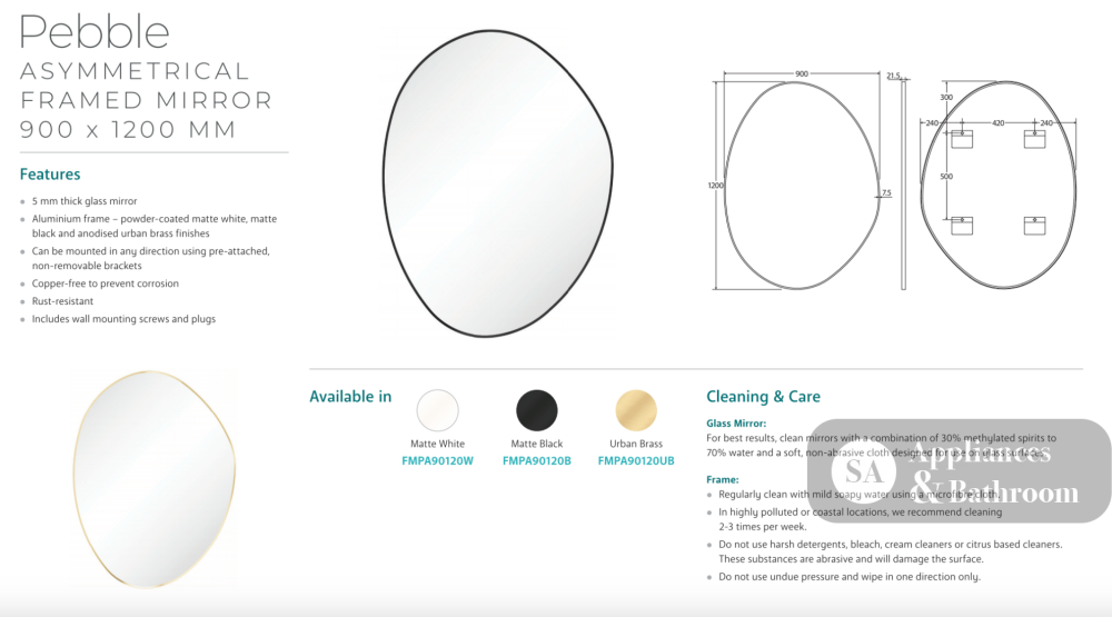 Fienza FMPA90120W Pebble Matte White Asymmetrical Framed Mirror 900 x 1200mm - Mirrors