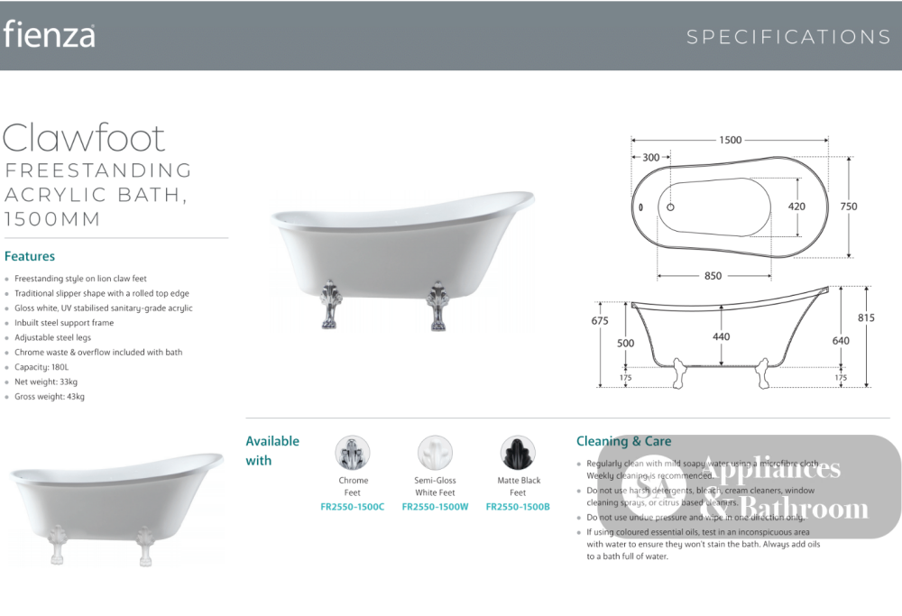 Fienza FR2550-1500W 1500mm Clawfoot Freestanding Acrylic Bath Semi-Gloss White Feet - Freestanding Bath