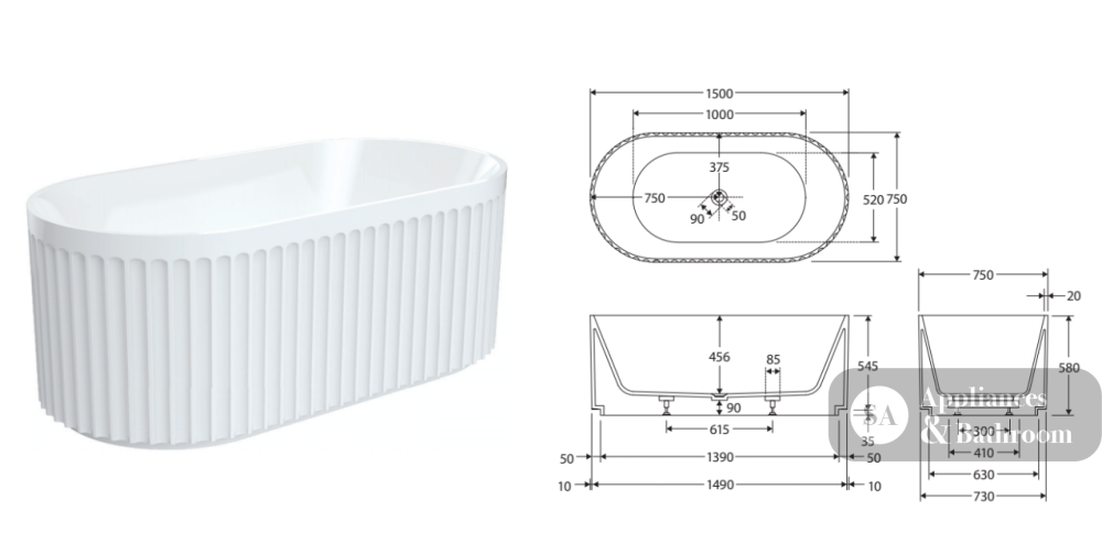 Fienza FR711-1500-OF Eleanor Fluted Freestanding Acrylic Bath 1500mm Gloss White - Freestanding Bath