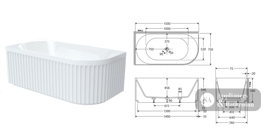 Fienza FR713-1500R Eleanor Fluted Right-Hand Acrylic Corner Bath 1500mm - Corner Baths