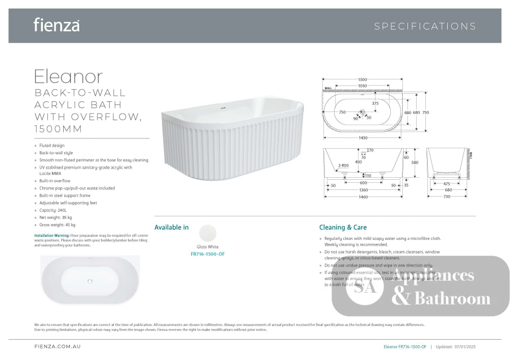 Fienza FR716-1500-OF Eleanor Back-To-Wall Acrylic Bath with Overflow 1500mm - Back To Wall Bath