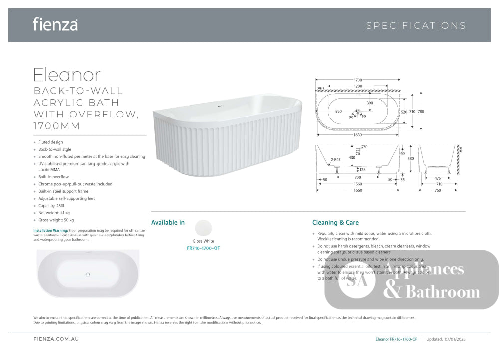 Fienza FR716-1700-OF Eleanor Back-To-Wall Acrylic Bath with Overflow 1700mm - Back To Wall Bath