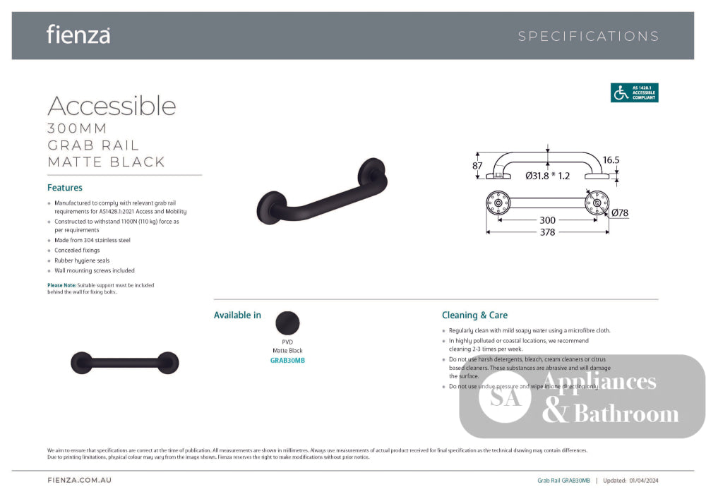 Fienza GRAB30MB Accessible Care 300mm Grab Rail Matte Black - Grab Rail