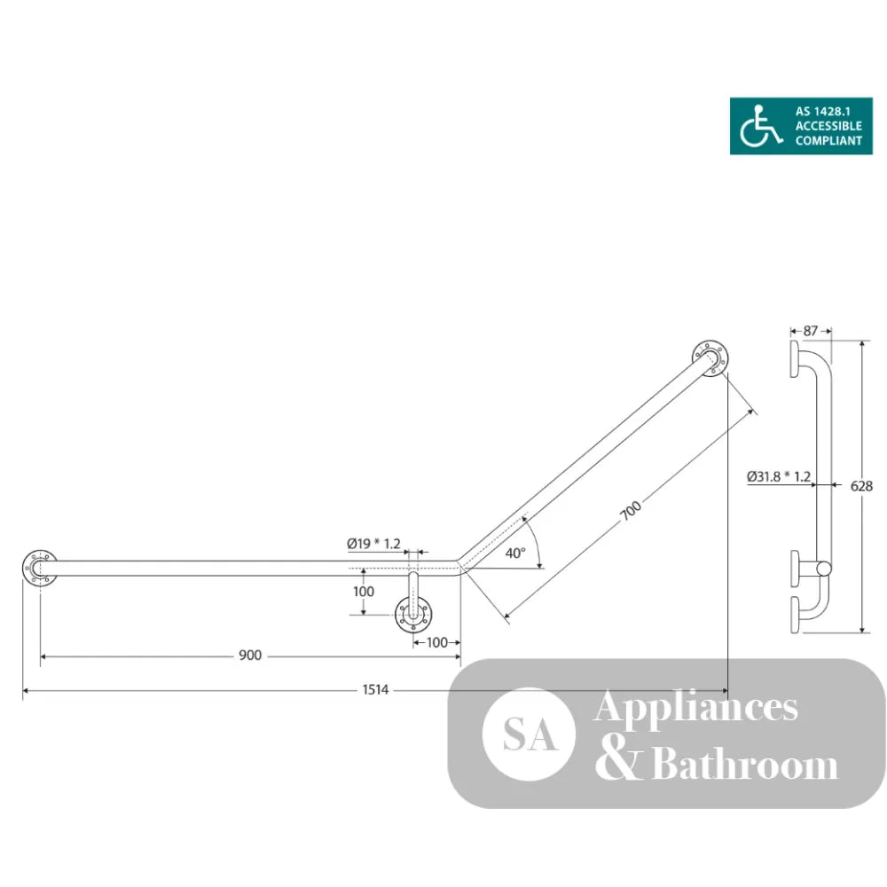 Fienza GRAB9070L Care Ambulant 40° 900x700mm Stainless Steel Left Hand Grab Rail - Grab Rail