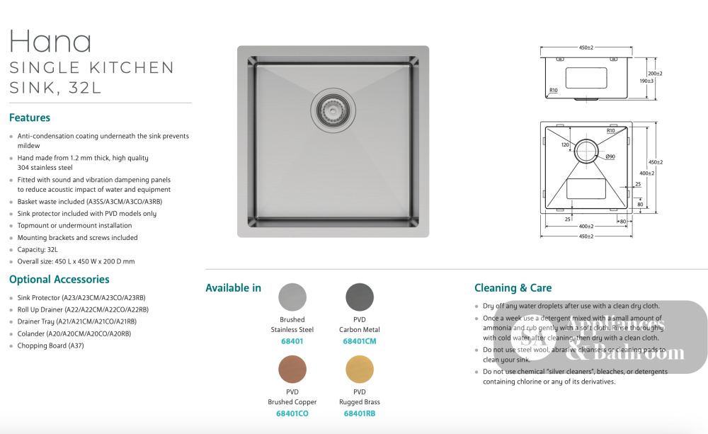 Fienza Hana 68401CO 32L Single Kitchen Sink Brushed Copper