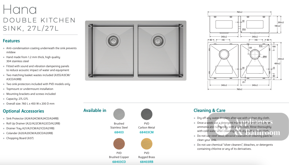 Fienza Hana 68403RB 27L/27L Double Kitchen Sink Rugged Brass