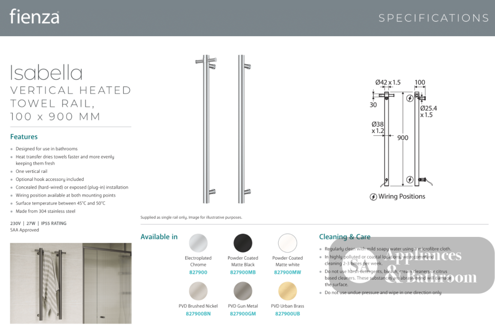 Fienza Isabella 827900UB Vertical Heated Towel Rail 100 x 900mm Urban Brass