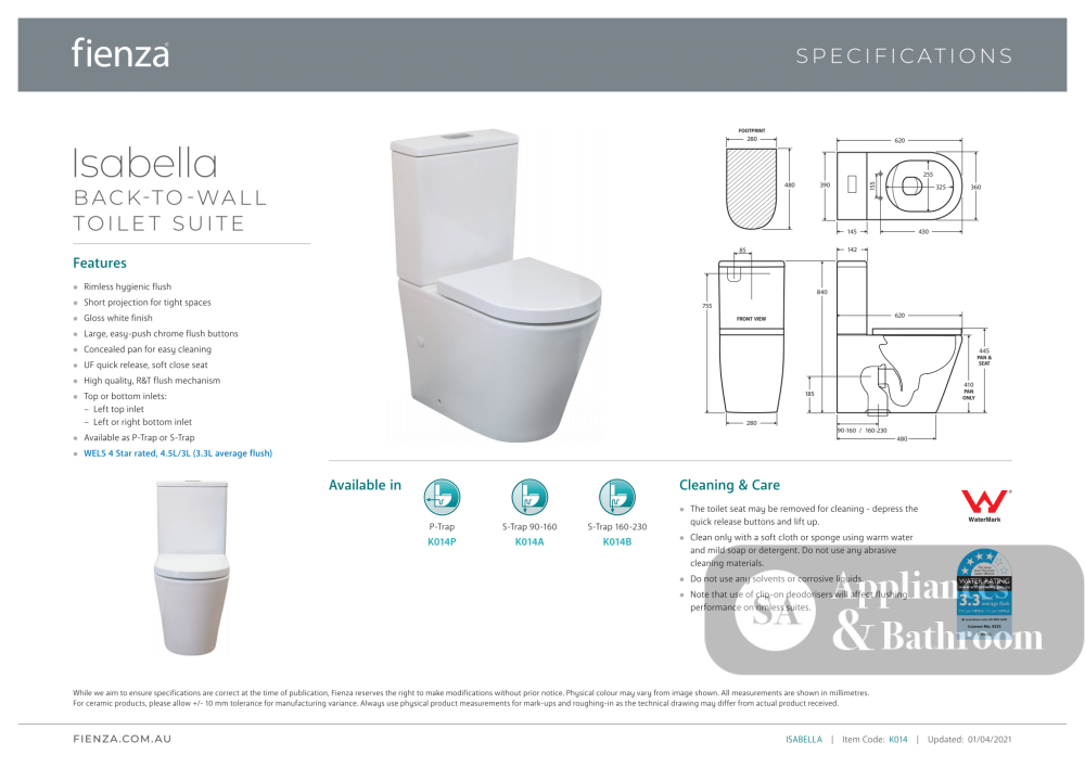 Fienza Isabella Back-to-Wall Suite - Back to Wall Suites