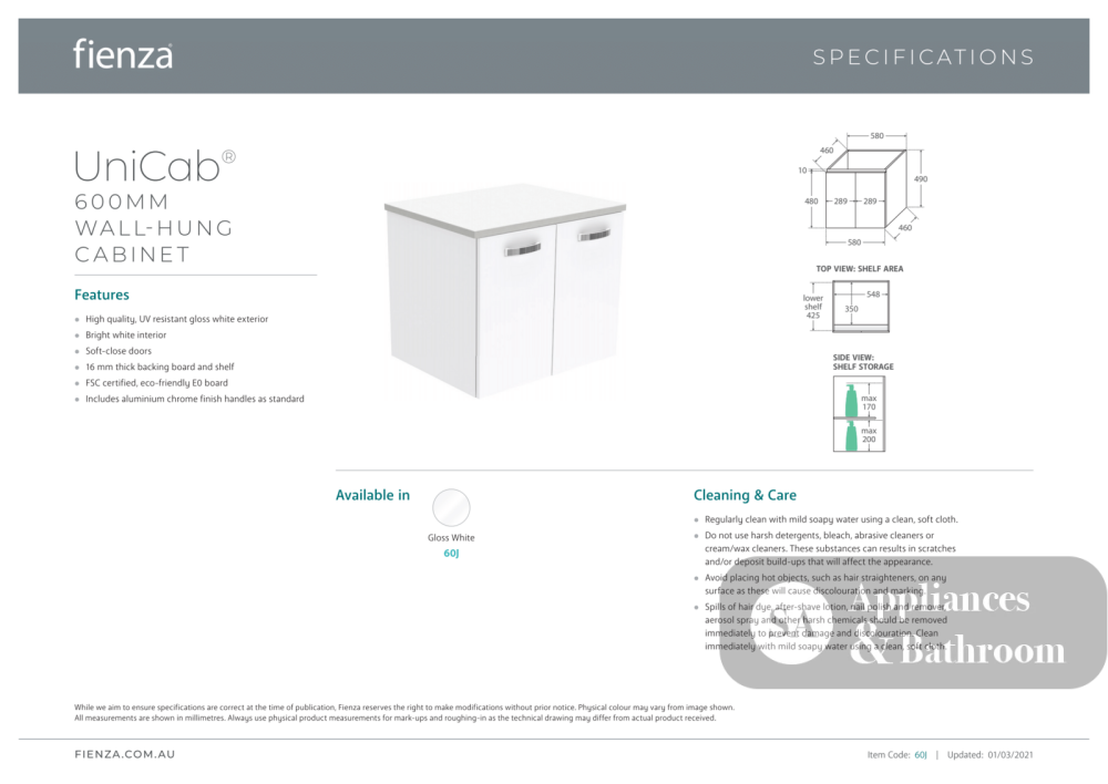 Fienza JOL60J Joli Unicab 600mm Wall Hung Vanity Gloss White - Vanity Units
