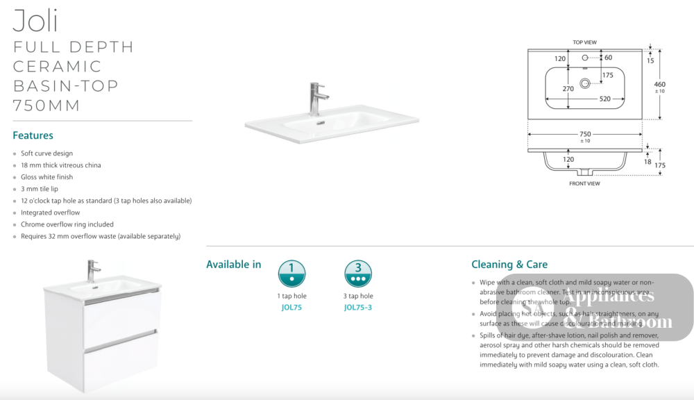 Fienza JOL75BW Joli 750mm Satin White Wall Hung Vanity 1 Taphole - Vanity Units