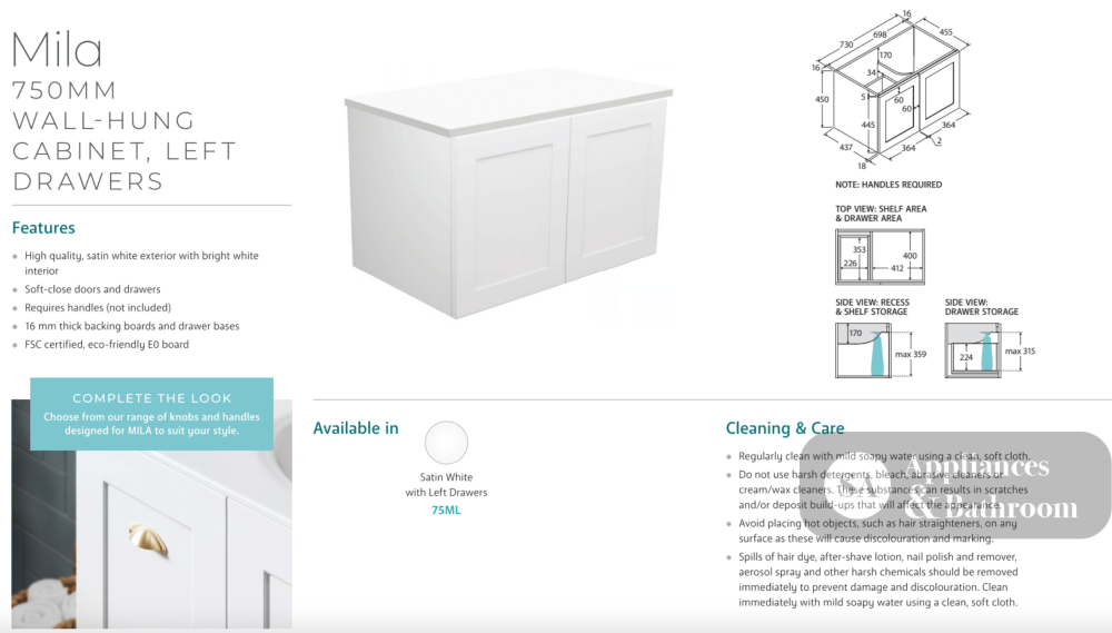 Fienza JOL75ML 750mm Joli Mila Wall Hung Vanity Unit Left Drawers White - Vanity Units